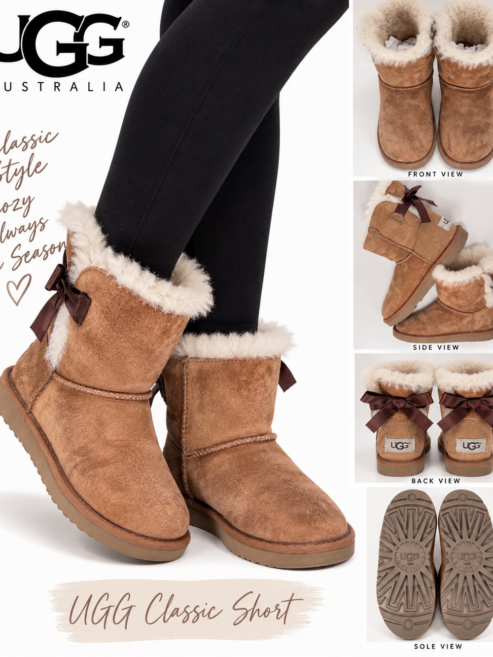 UGG Bailey Bow Chestnut Shearling Suede Boots Kids Size 2